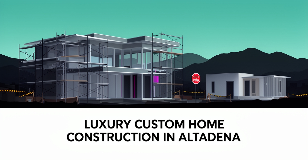 Flat illustration of an unpermitted Altadena home construction site at dusk with stop-work signage in teal and magenta accents.