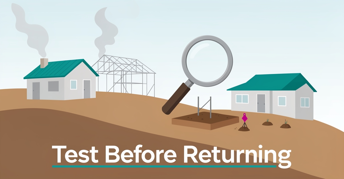 Flat illustration of Altadena hillside homes with a magnifying glass over a foundation, symbolizing post-fire lead testing before returning.