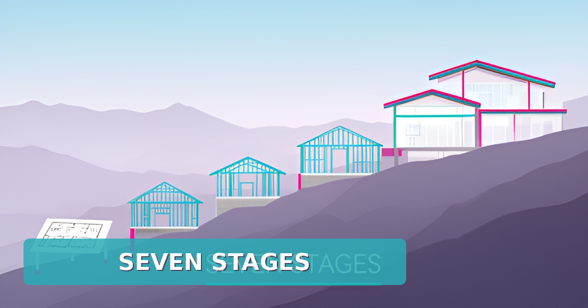 Flat illustration showing seven ascending stages of a custom home build from blueprint to finished Altadena home with teal and magenta accents.