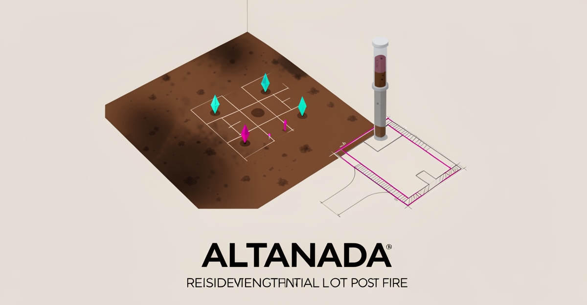 Flat illustration of soil sampling grid and foundation plan on an Altadena lot highlighting post-fire contamination testing risk.