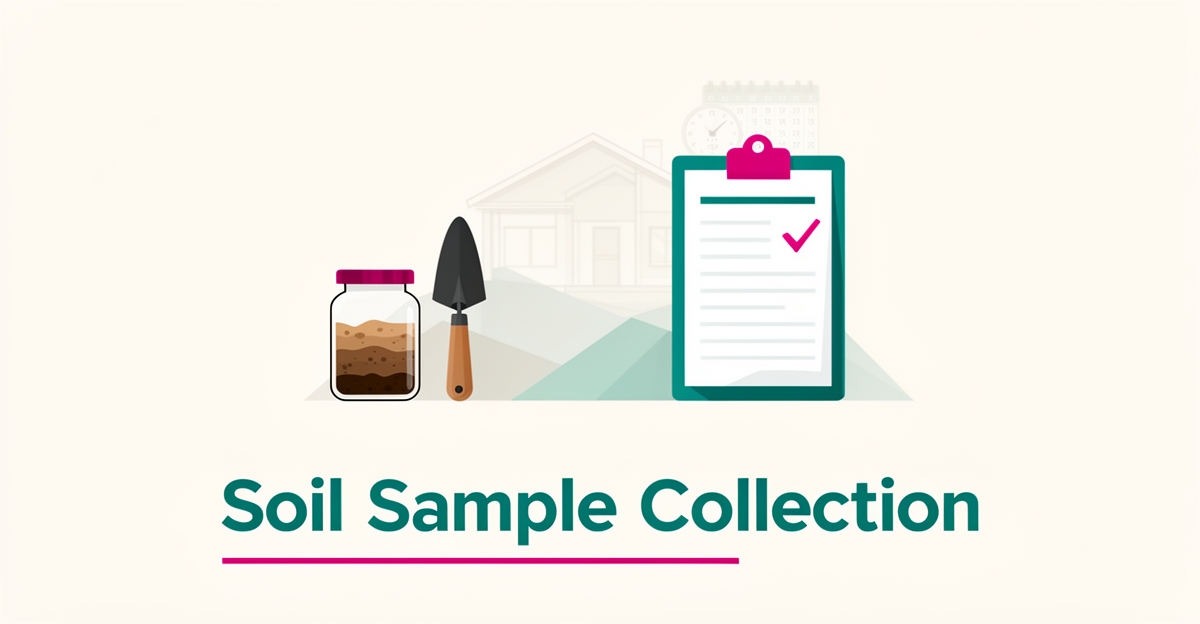 Flat illustration of a soil sample jar, clipboard, and modern house outline with a 7–10 days headline for Altadena soil testing.