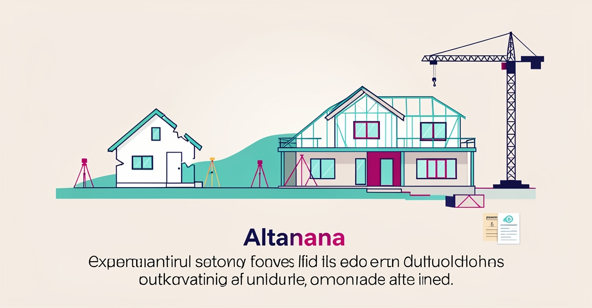 Flat illustration of Altadena lot transitioning from teardown to modern custom home rebuild with teal and magenta accents.