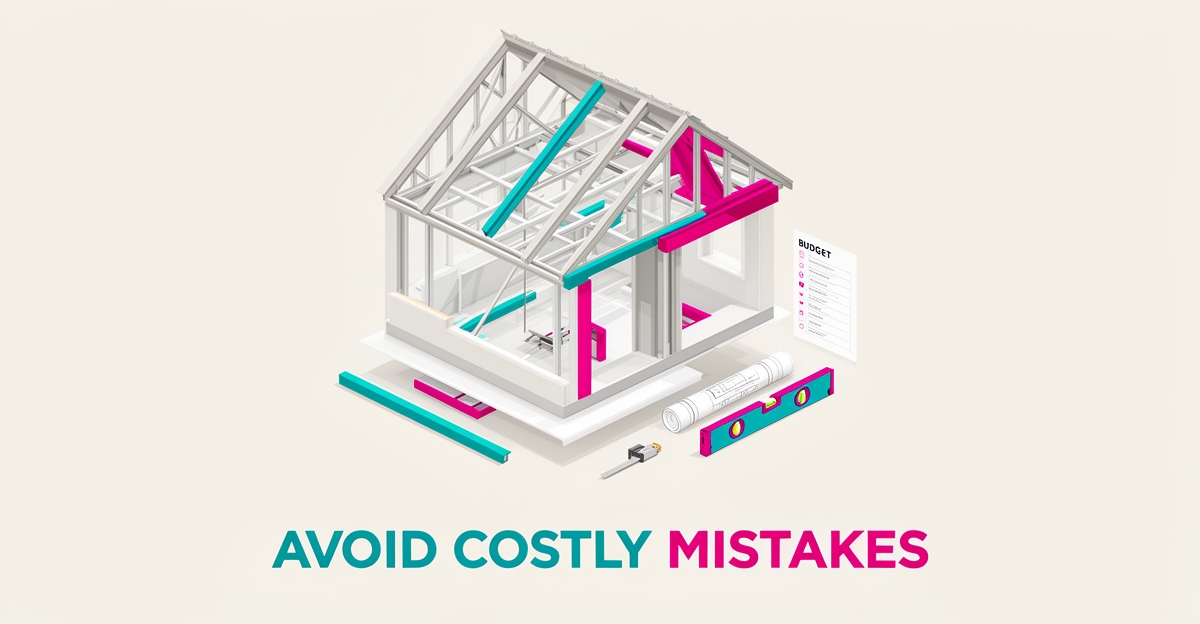 Flat illustration of a house under renovation with framing and blueprints, accented in teal and magenta, with headline Avoid Costly Mistakes.