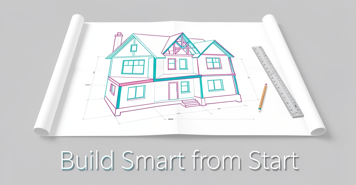 Minimalist flat illustration of a home blueprint with brand-colored accents, featuring the headline 'Build Smart from Start' in the lower third, symbolizing careful planning in custom home building.