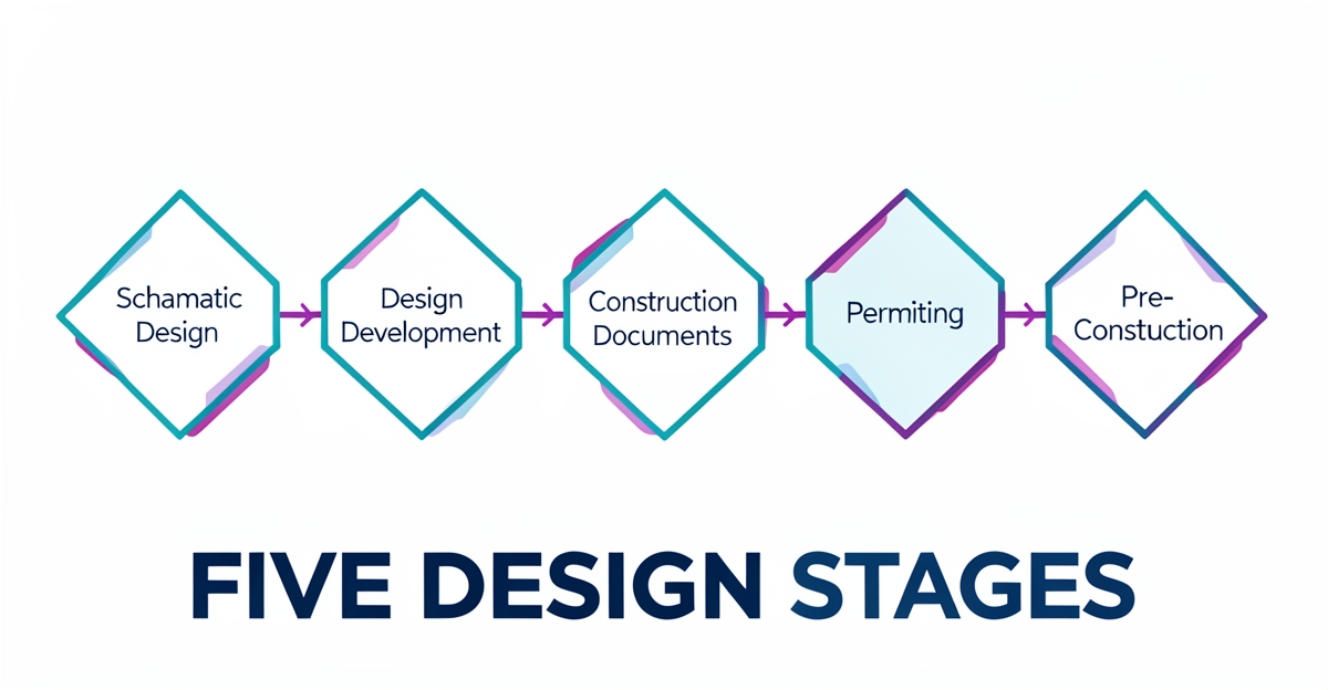 A minimalist flat illustration of five connected geometric shapes symbolizing the architectural design process stages, with brand color accents and a headline overlay.