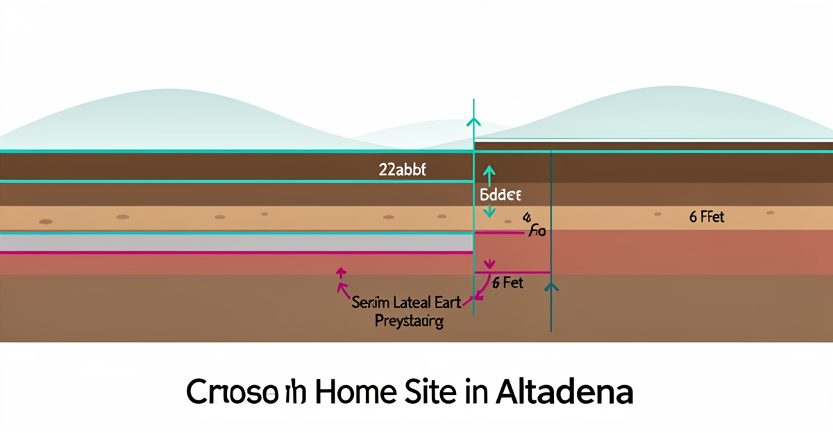 Flat illustration of Altadena soil profile with layers, groundwater and retaining wall for soil test report guidance.