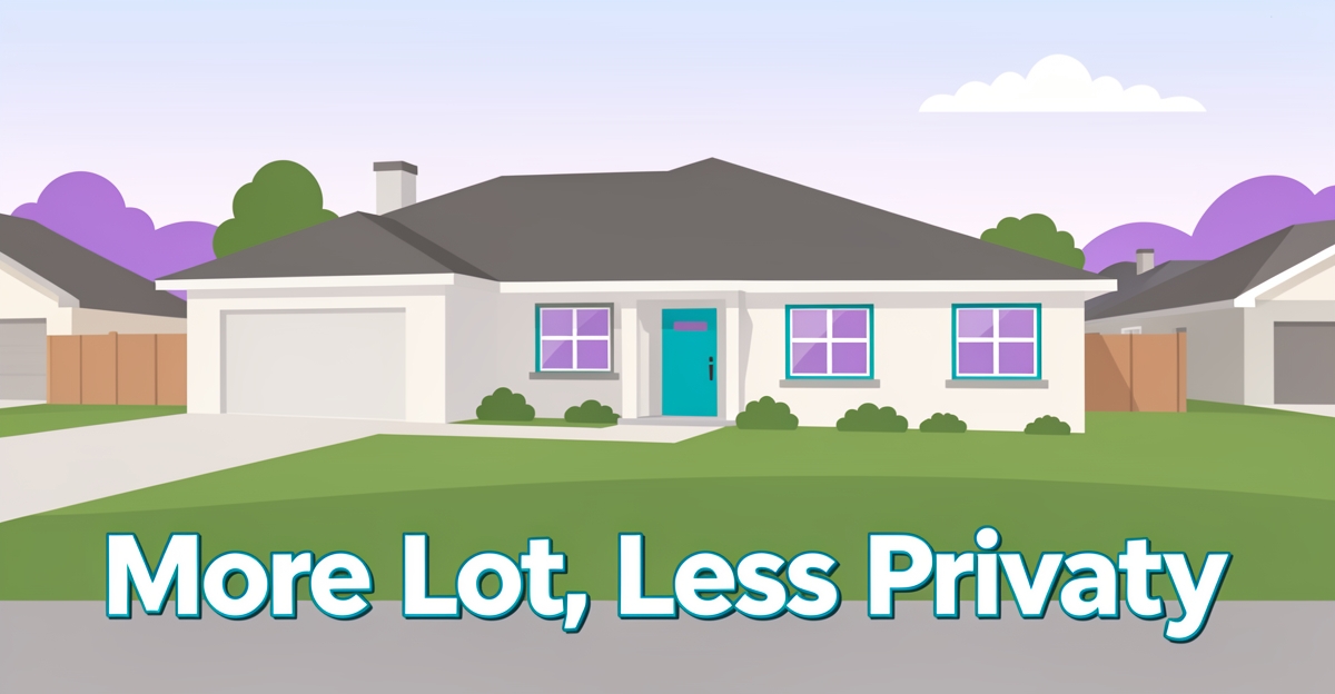 A modern one-story house with a wide footprint, highlighting land use and privacy tradeoffs in custom home design, with brand-colored accents.