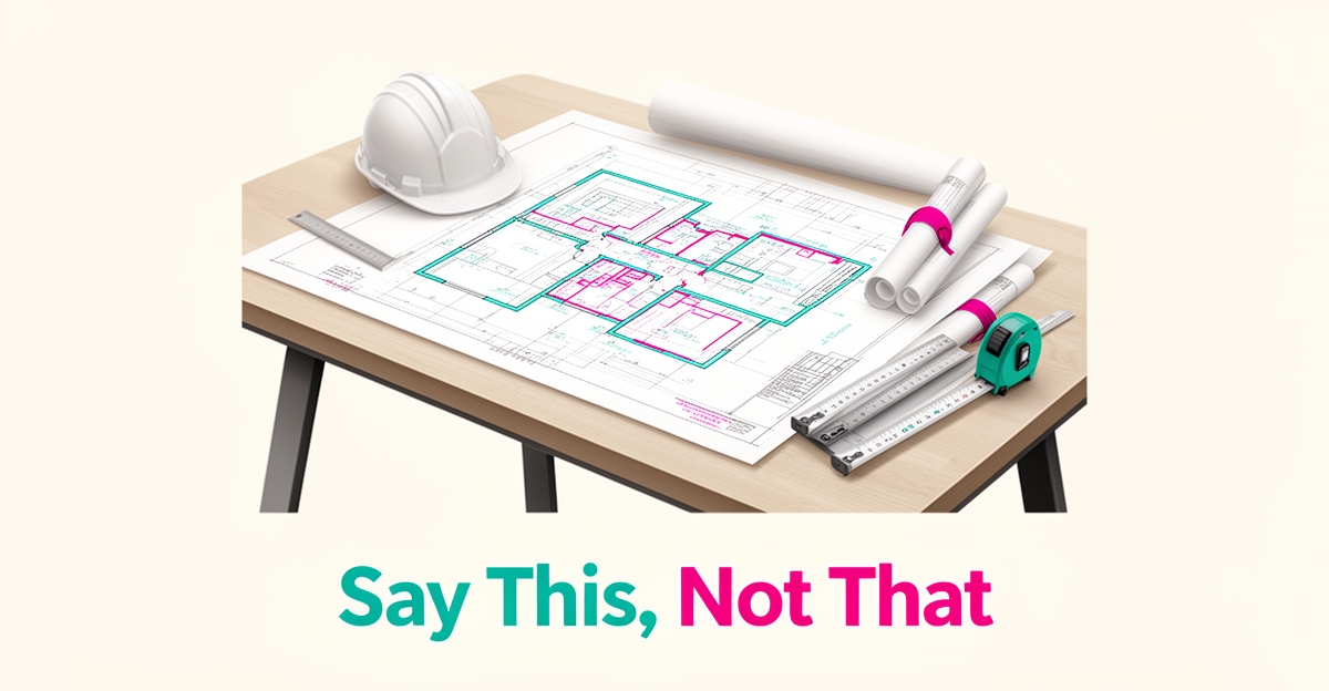 Flat illustration of a custom home blueprint with hard hat and measuring tape in teal and magenta, headline reading Say This, Not That.