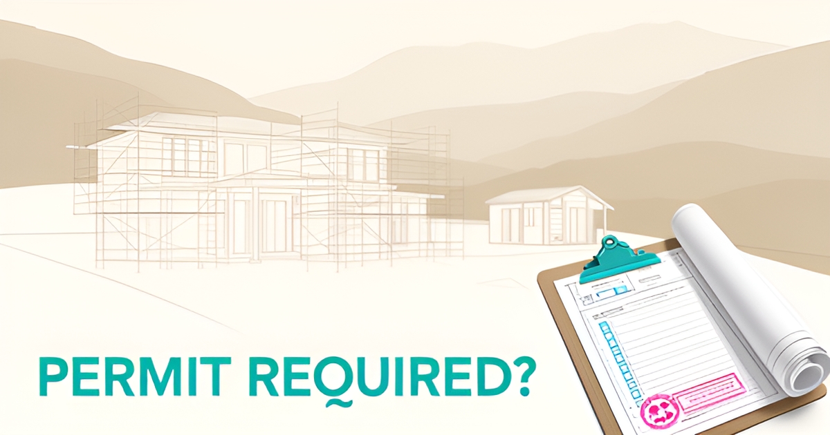 Flat illustration of a custom home under construction with blueprint and permit checklist, accented in teal and magenta, with headline reading Permit Required.