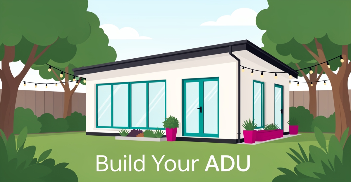 Modern flat illustration of a backyard ADU cottage with teal and magenta brand accents in a landscaped garden setting.