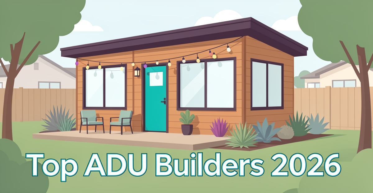 A modern flat illustration of a backyard ADU with brand-colored accents, representing top-rated ADU construction for first-time home buyers in 2026.