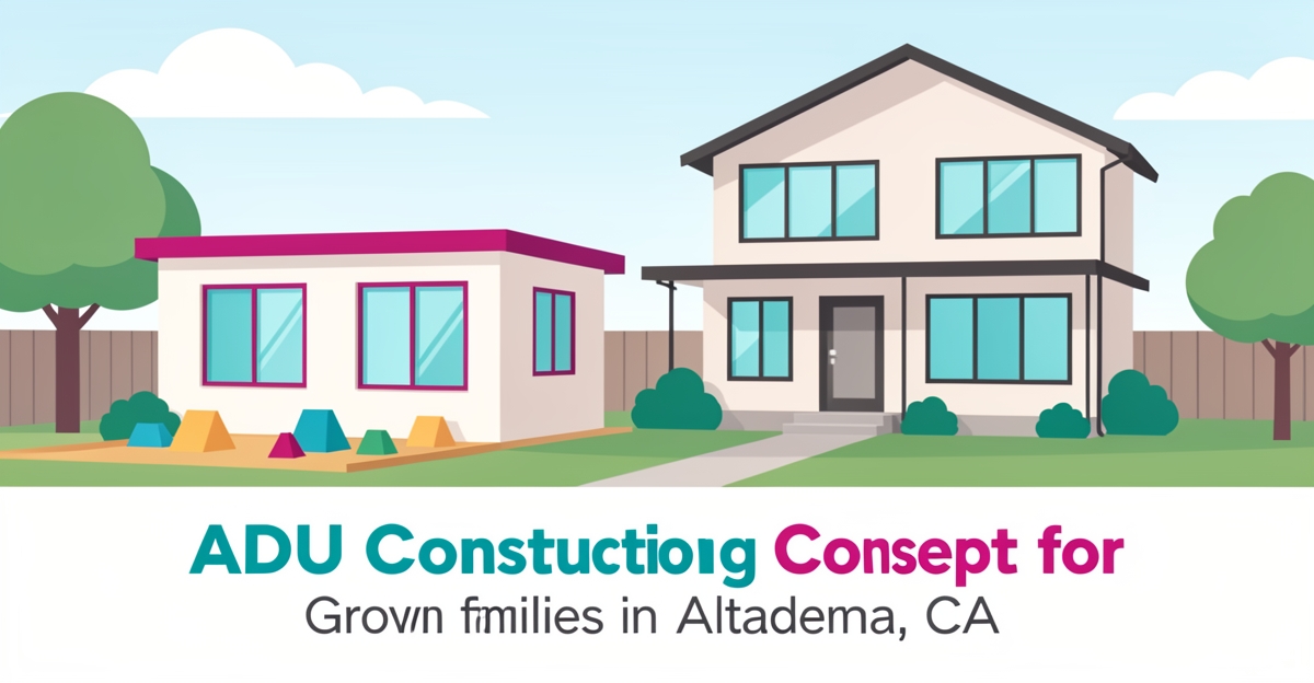 Flat illustration of a modern ADU beside a custom home with teal and magenta accents for growing families.