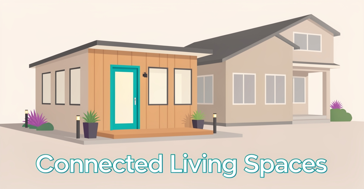 Modern flat illustration of a private ADU connected to a main home, designed for multigenerational living with brand-colored accents and minimalist style.