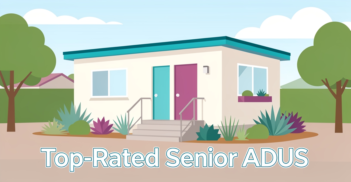 A minimalist flat illustration of an accessible ADU with ramp and wide doors, accented in brand colors teal and magenta, set in a California landscape with native plants.