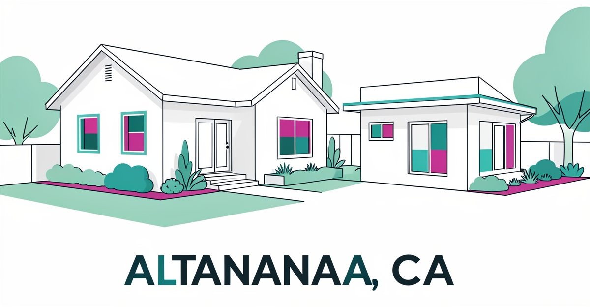 Minimalist flat illustration of a single-family home with a modern ADU highlighting California custom construction value.
