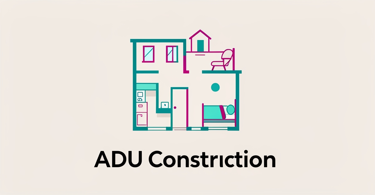 Flat illustration of a compact ADU floor plan with teal and magenta accents for small family living.