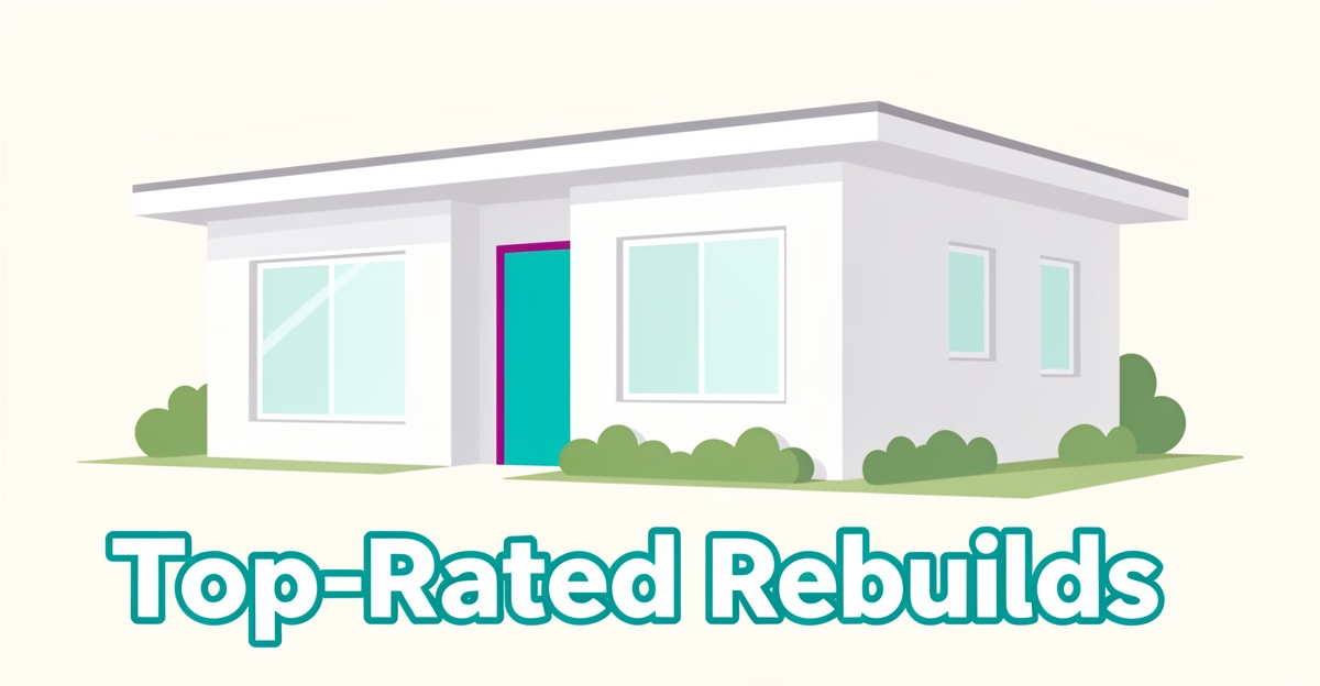A minimalist flat illustration of a modern single-story home with brand-colored door and trim, accompanied by the headline 'Top-Rated Rebuilds' in the lower third.