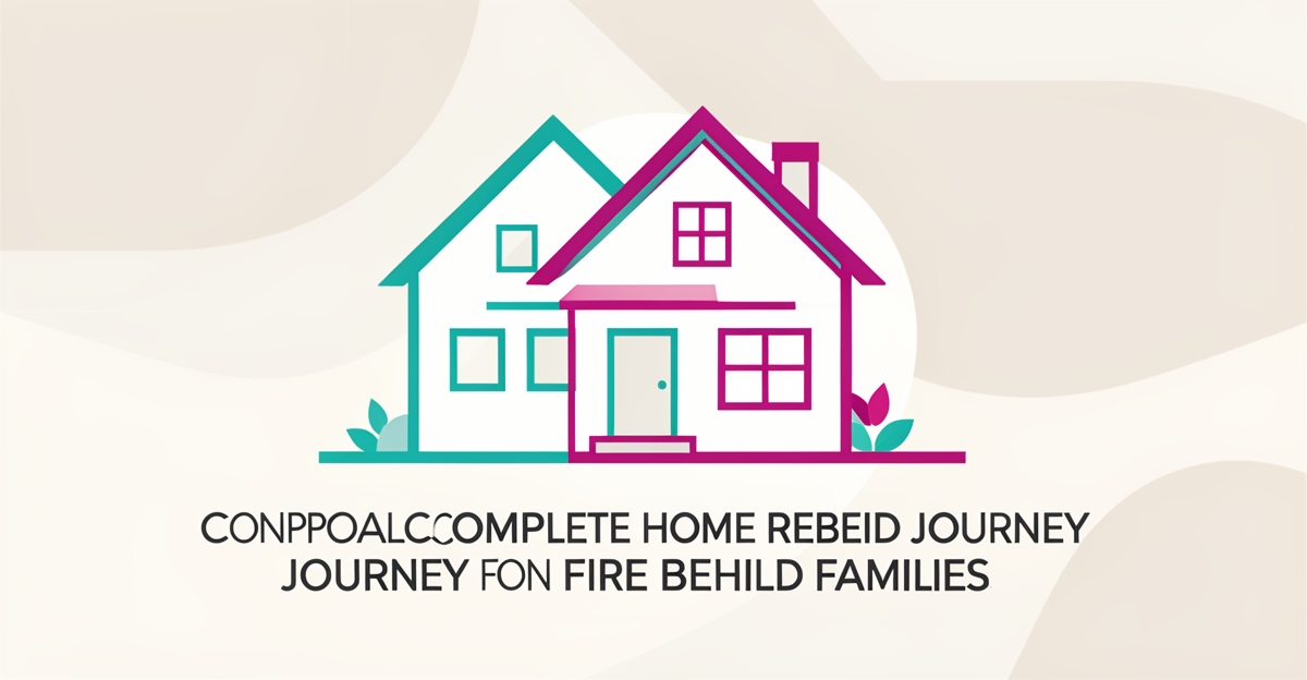 Flat illustration of a home rebuild progression with teal and magenta accents symbolizing fire recovery for families.