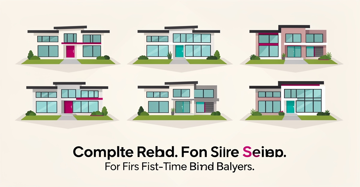 Flat illustration of five modern complete rebuild homes with teal and magenta accents for first-time buyers.