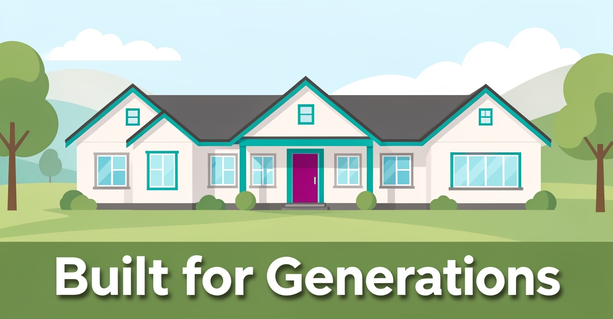 Modern flat illustration of a multigenerational home with three connected wings, brand-colored accents, and the headline 'Built for Generations' in the lower third