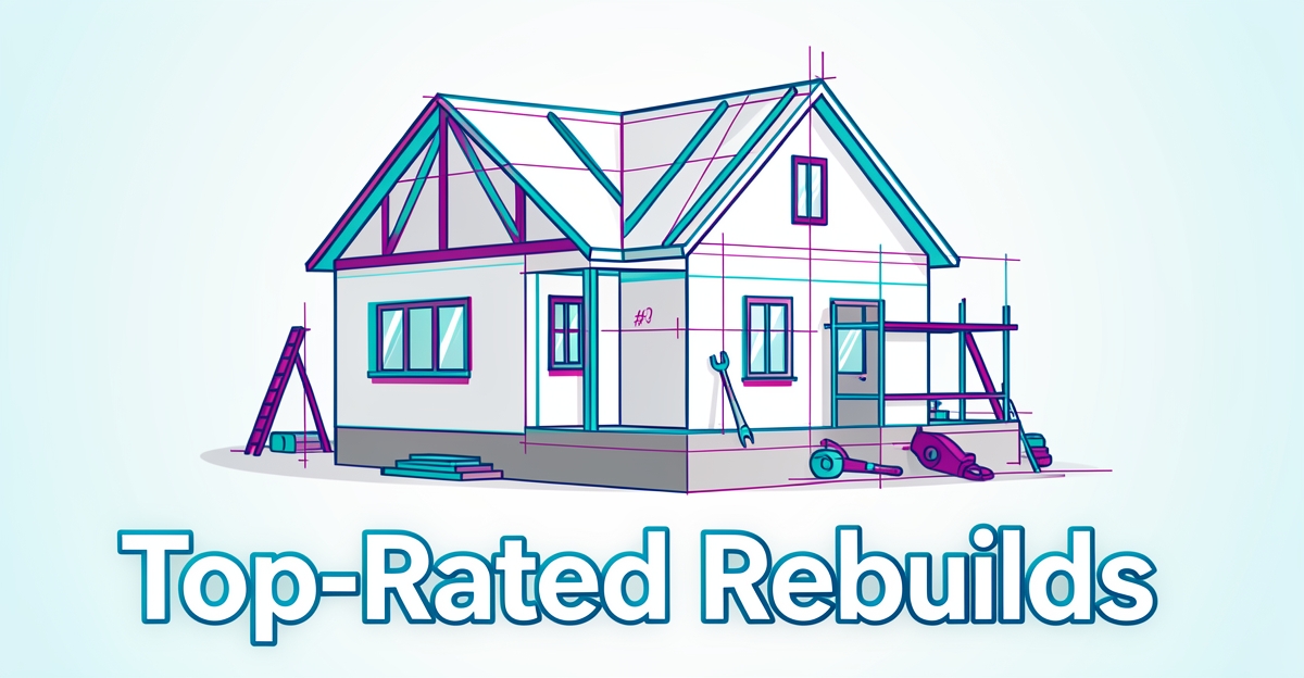 A minimalist flat illustration of a single-family home under construction with blueprint details, accented in brand colors, featuring the headline 'Top-Rated Rebuilds' in the lower third.