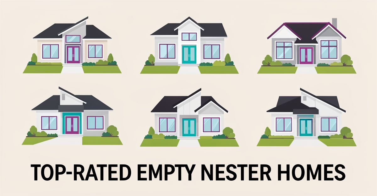 Flat illustration of five modern custom homes with brand-colored accents, representing top-rated options for empty nesters, designed for a home builder's listicle