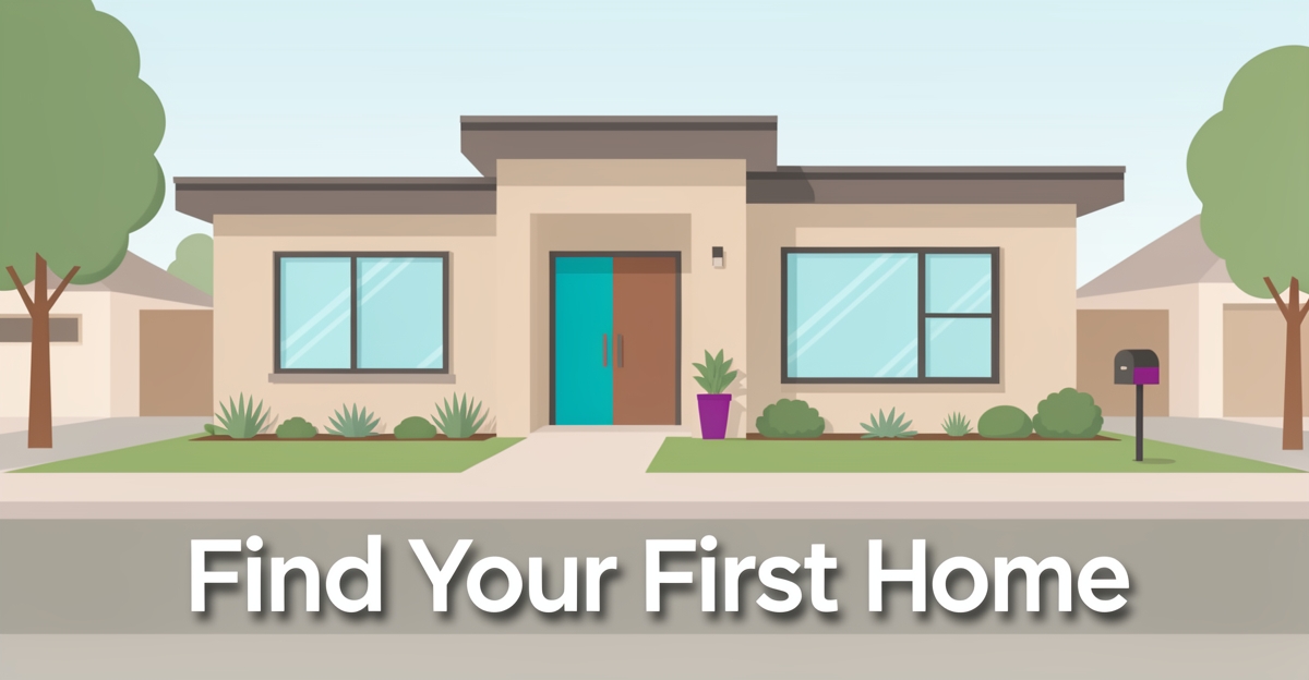 A modern flat illustration of a custom home with brand color accents, featuring the headline 'Find Your First Home' in the lower third, representing top-rated custom homes for first-time buyers.