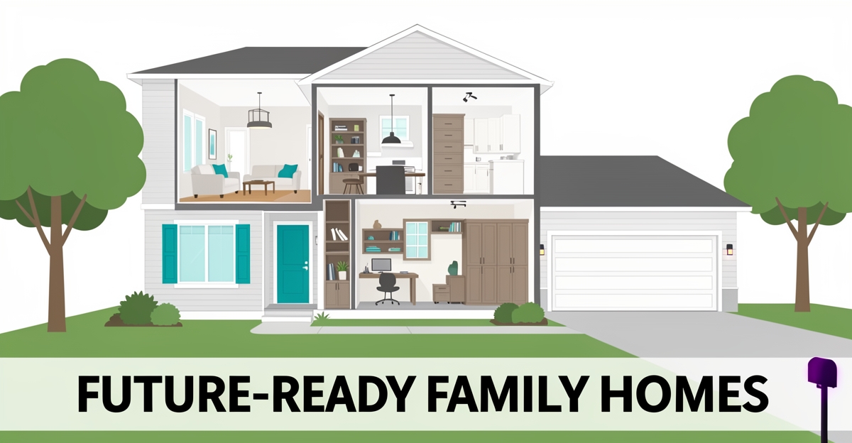 Modern flat illustration of a custom home with flexible living spaces, study nook, and storage, highlighting family-friendly design by JMB Builders in Altadena, CA.