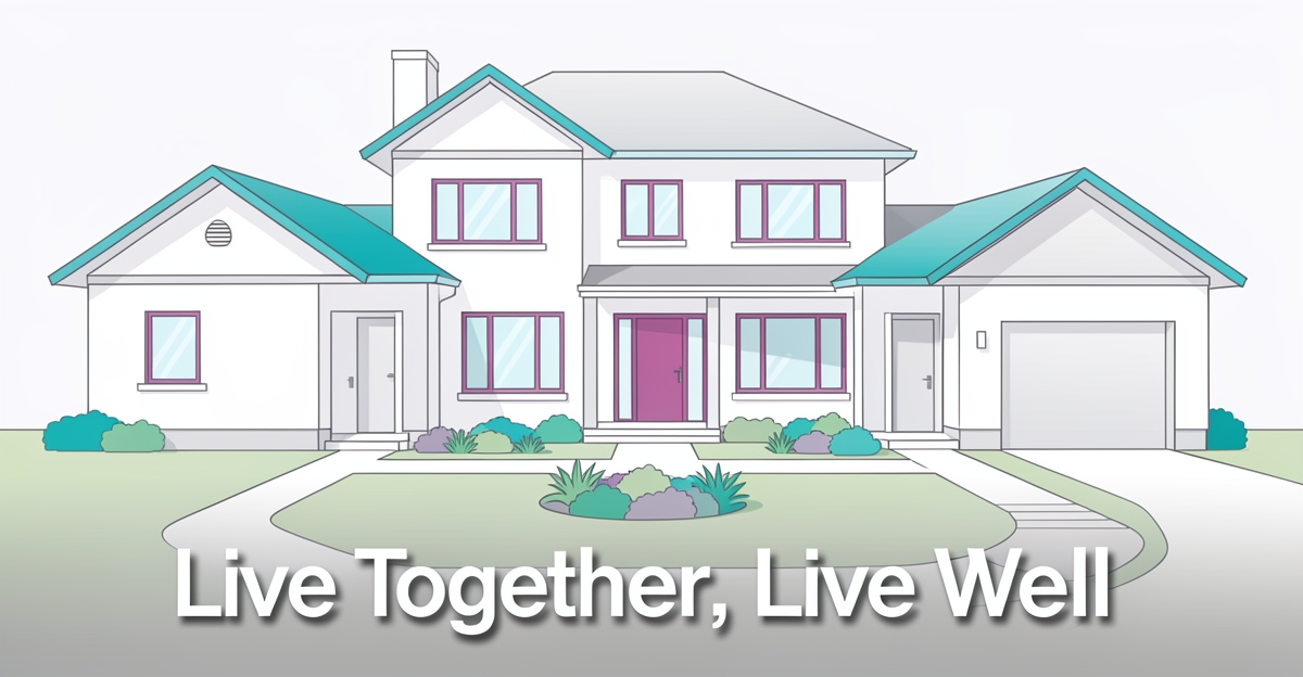 A minimalist flat illustration of a custom multigenerational home with private suites, shared spaces, and accessibility features, accented in brand colors teal and magenta.