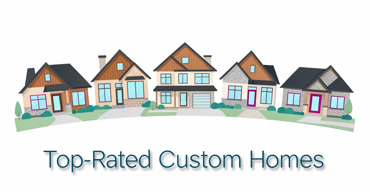 Flat illustration of five modern single-family custom homes with brand color accents, representing top-rated builders for single families in 2026.