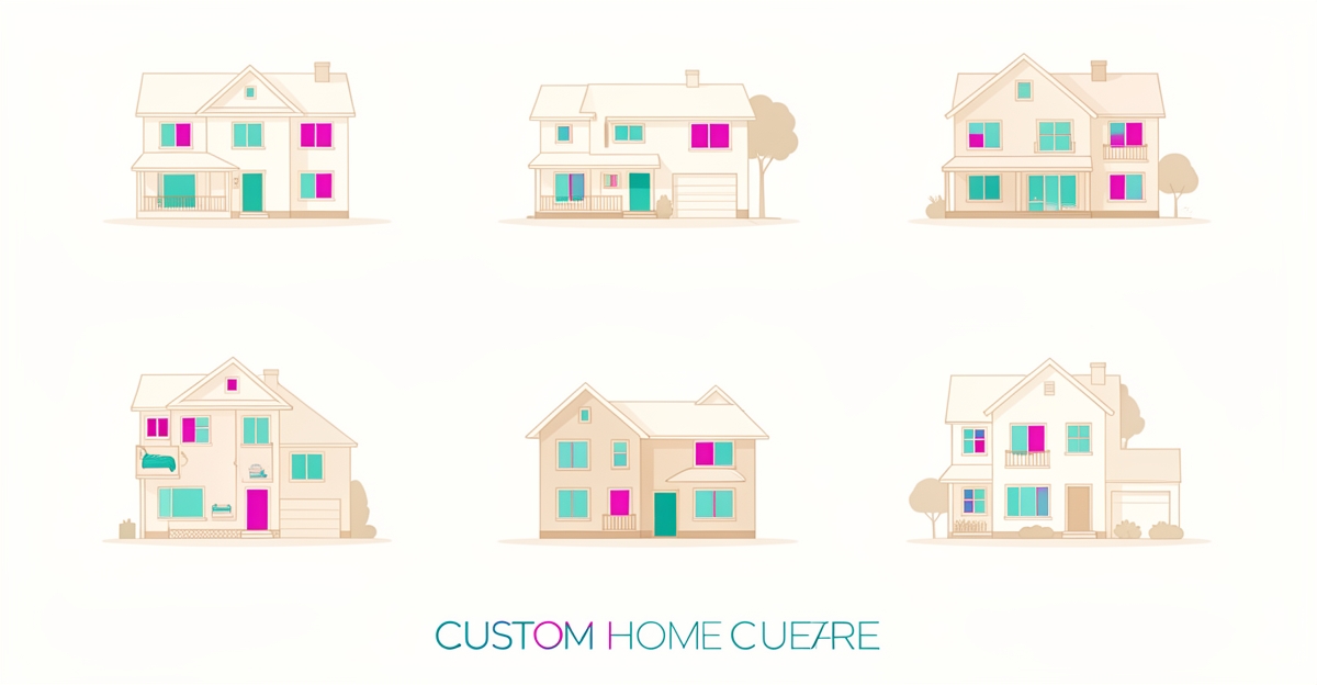 Minimalist flat illustration of five custom home designs for small families with teal and magenta accents.