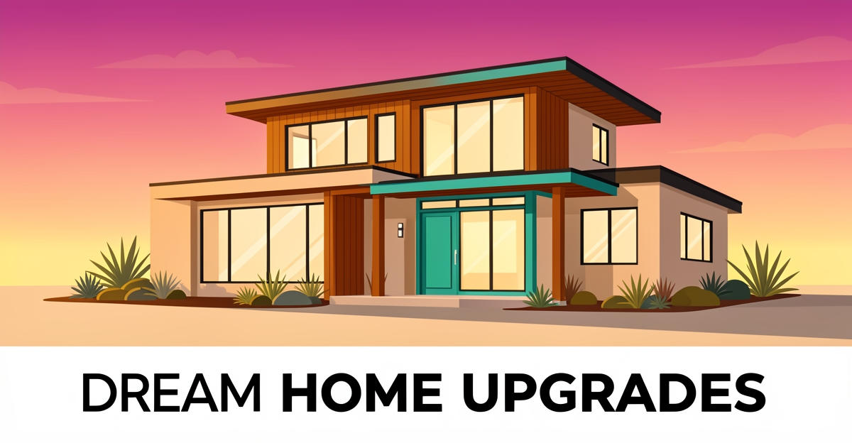 Modern flat illustration of a renovated two-story home with teal and magenta accents, representing whole-home renovation ideas for empty nesters.