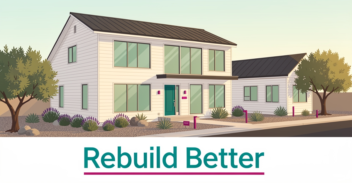Modern rebuilt Altadena home with teal and magenta accents, native landscaping, and ADU in golden light.