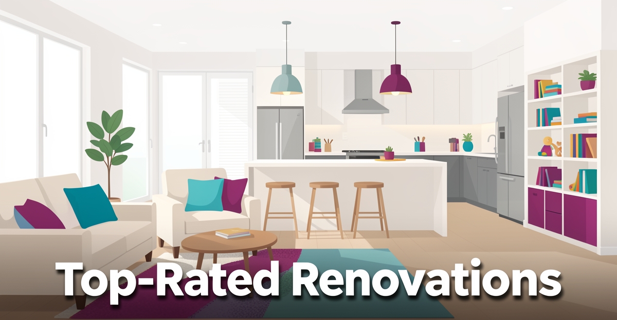 A modern flat illustration of a renovated family home interior with brand color accents and the headline 'Top-Rated Renovations' in the lower third.