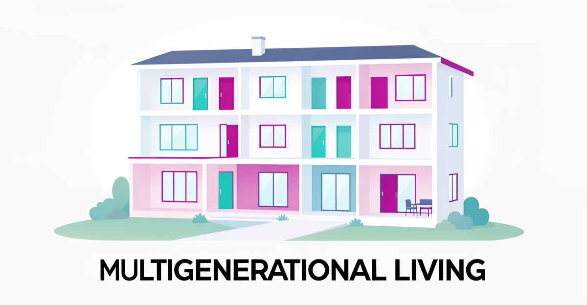 Modern flat illustration of a multigenerational home with accessible design and private spaces, using brand colors as accents, no people or text