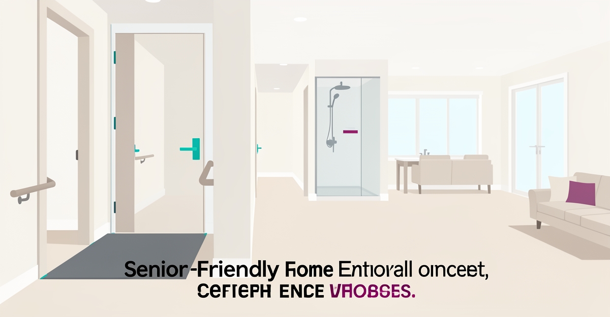 Flat illustration of accessible whole-home renovation features for seniors with modern minimalist design and brand accent colors.