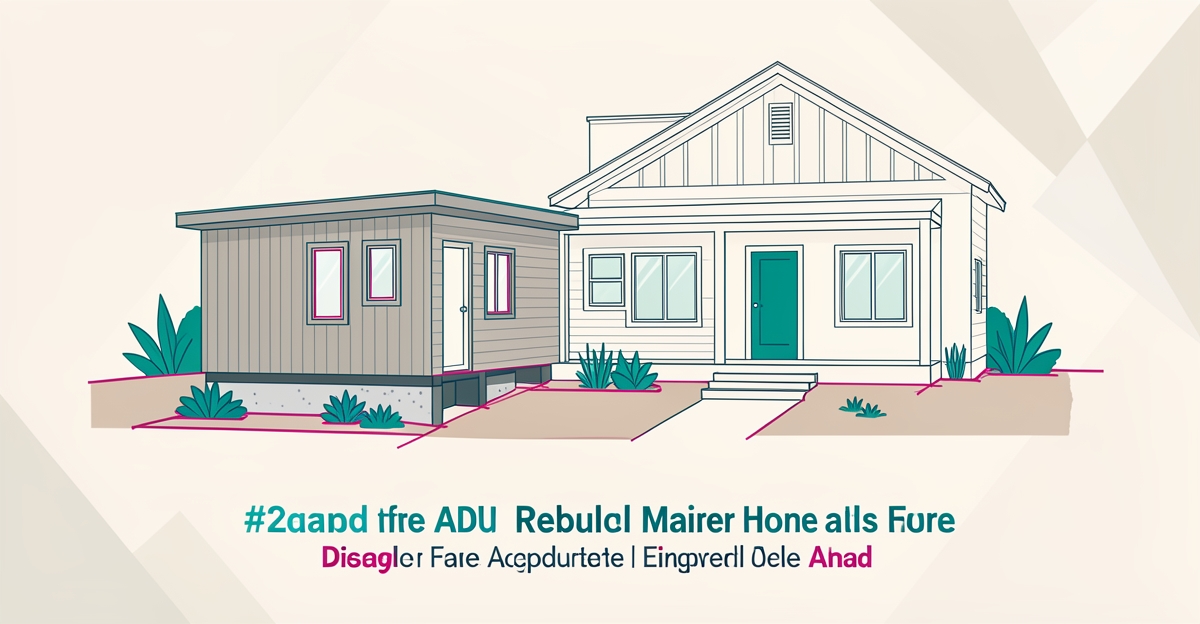 Flat illustration of an ADU and home rebuild with resilient design accents for fire recovery families.