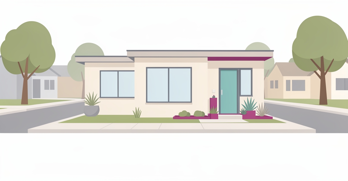 A modern flat illustration of a stylish accessory dwelling unit with brand-colored accents, ideal for first-time home buyers exploring ADU construction in 2026.