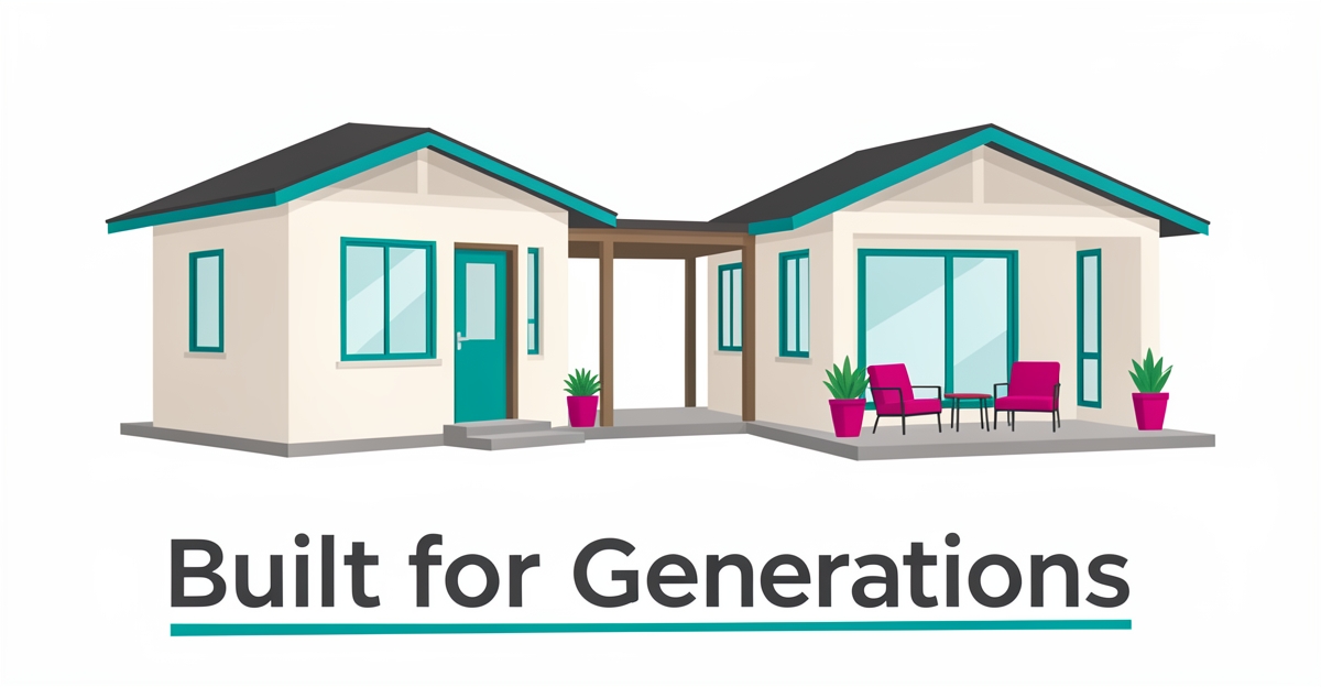 Modern flat illustration of an ADU connected to a main home by a covered walkway, with teal and magenta brand accents, representing multigenerational living.