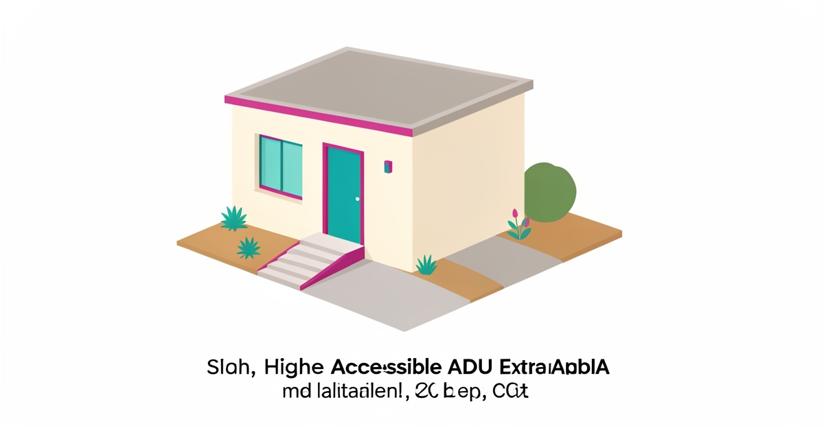 Flat illustration of an accessible senior ADU with ramp and minimalist landscaping using teal and magenta accents.