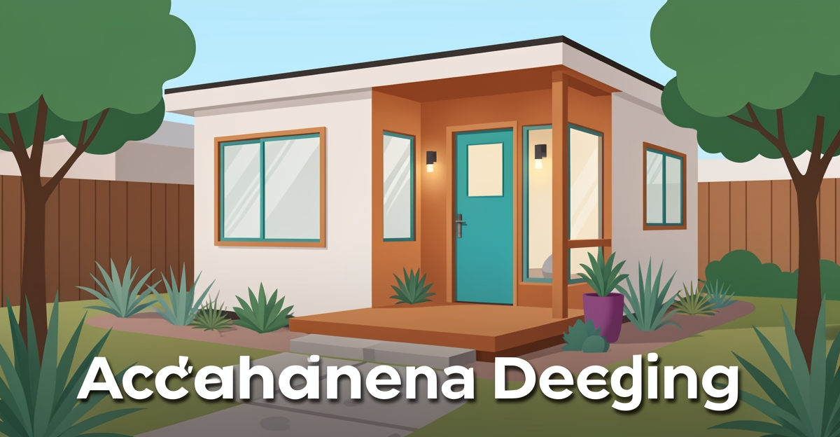 A modern flat illustration of a small ADU in a backyard with brand-colored accents, minimalist design, and the headline 'Expand Your Space' in the lower third.