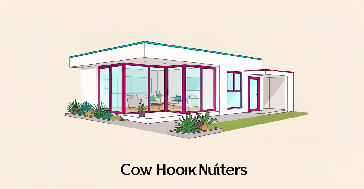 Flat illustration of a compact modern home with courtyard and ADU concept for empty nesters complete rebuild.