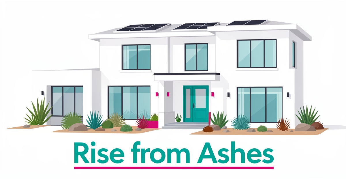 Modern luxury home rebuilt after fire in Altadena with teal and magenta architectural accents under California sun.