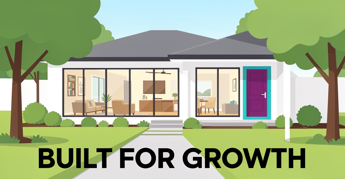 A modern family home exterior with open layout visible through windows, accented in brand colors teal and magenta, illustrating a complete rebuild for growing families