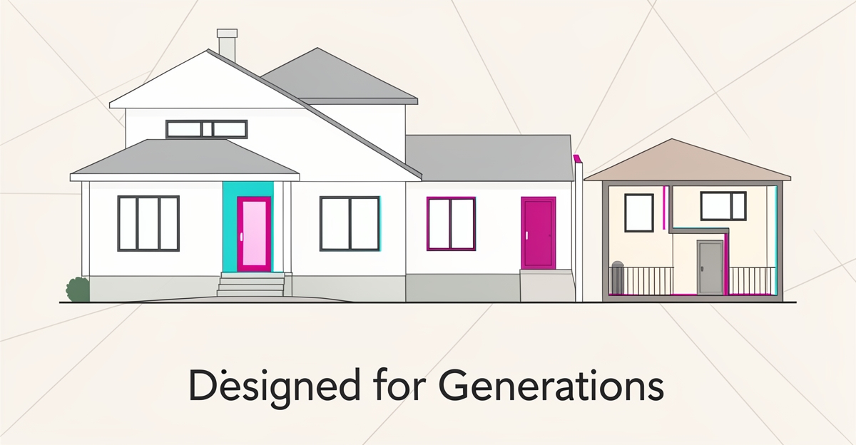 Flat illustration of a multigenerational custom home rebuild with ADU and private wings using teal and magenta accents.