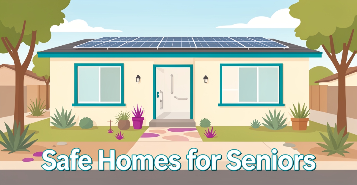 A minimalist flat illustration of an accessible senior-friendly home with wide doorways, zero-step entry, and safety features, set in a sunny Altadena neighborhood with brand-colored accents.