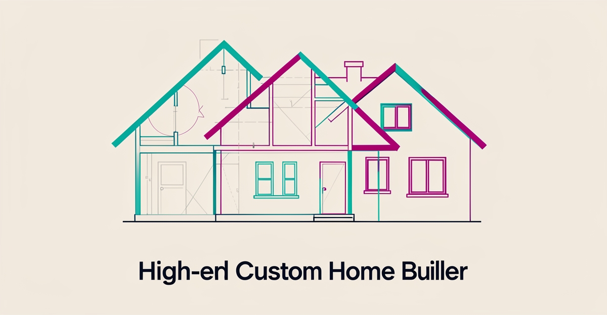 Flat illustration of a small family home rebuild blueprint with teal and magenta accents for JMB Builders.