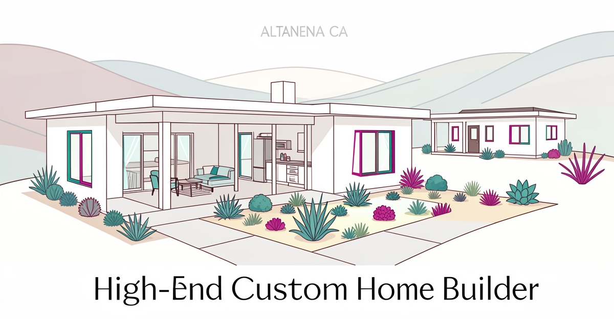 Minimalist flat illustration of a modern custom home with ADU and courtyard for empty nesters in Altadena.