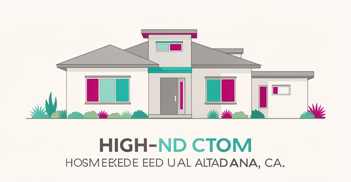 Modern flat illustration of fire-resistant custom home and ADU for Altadena rebuild families with teal and magenta accents.