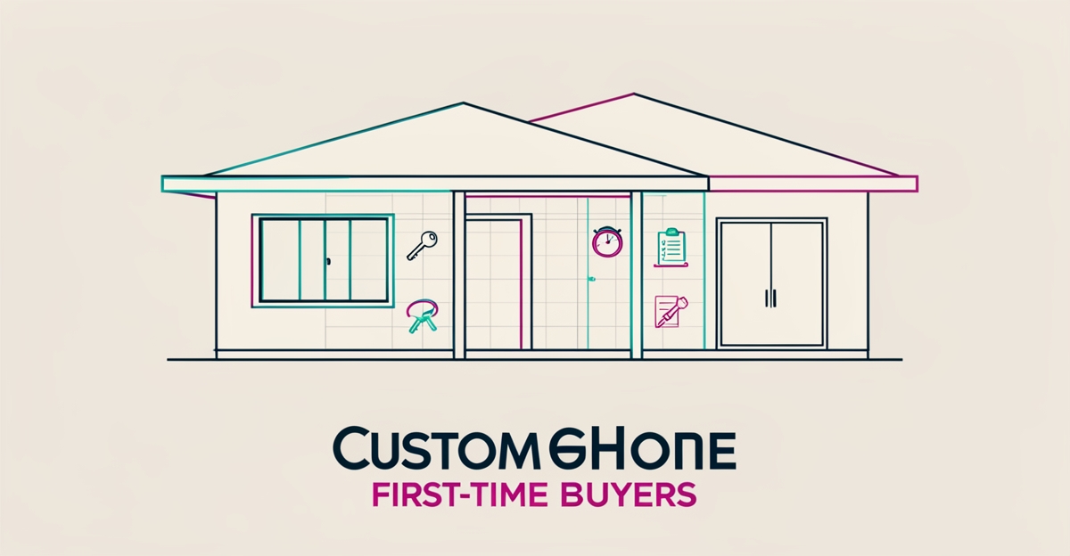 Flat illustration of a modern custom home blueprint with teal and magenta accents for first-time home buyers.